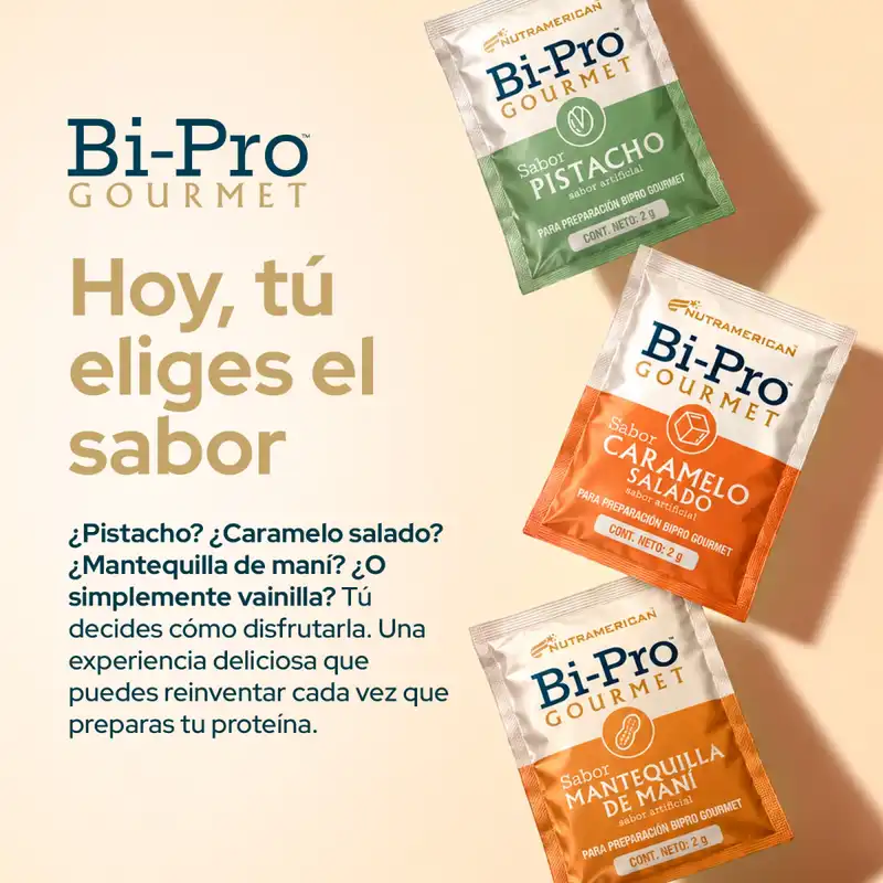 Sobres de Bi-Pro Gourmet sabor pistacho, caramelo salado y mantequilla de maní.
