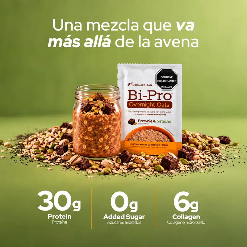 Caja y sobre de Bi-Pro Overnight Oats, avena proteica sabor Brownie & Pistacho con 30 g de proteína, 0 g de azúcares añadidos y 6 g de colágeno hidrolizado