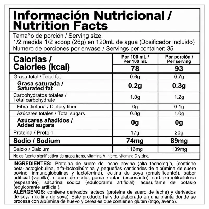 tabla nutricional de BIPRO CLASSIC VAINILLA 2LB