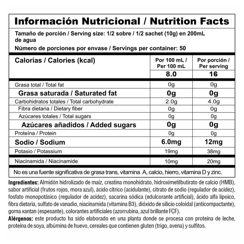 tabla nutricional de CREA STACK SACHETS