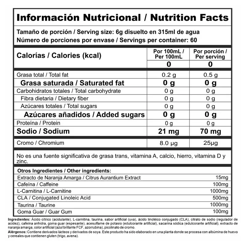 tabla nutricional de BURNER STACK