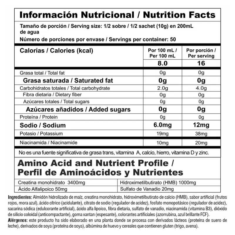 tabla nutricional de CREA STACK SACHETS