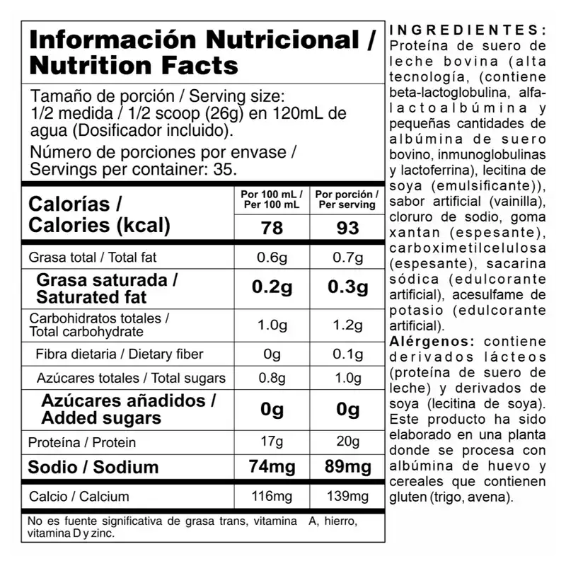 tabla nutricional de BIPRO CLASSIC VAINILLA 2LB
