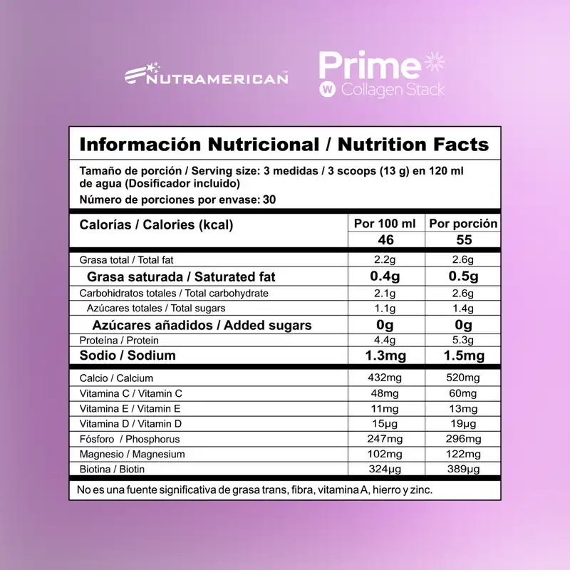 tabla nutricional de Prime W Collagen Stack
