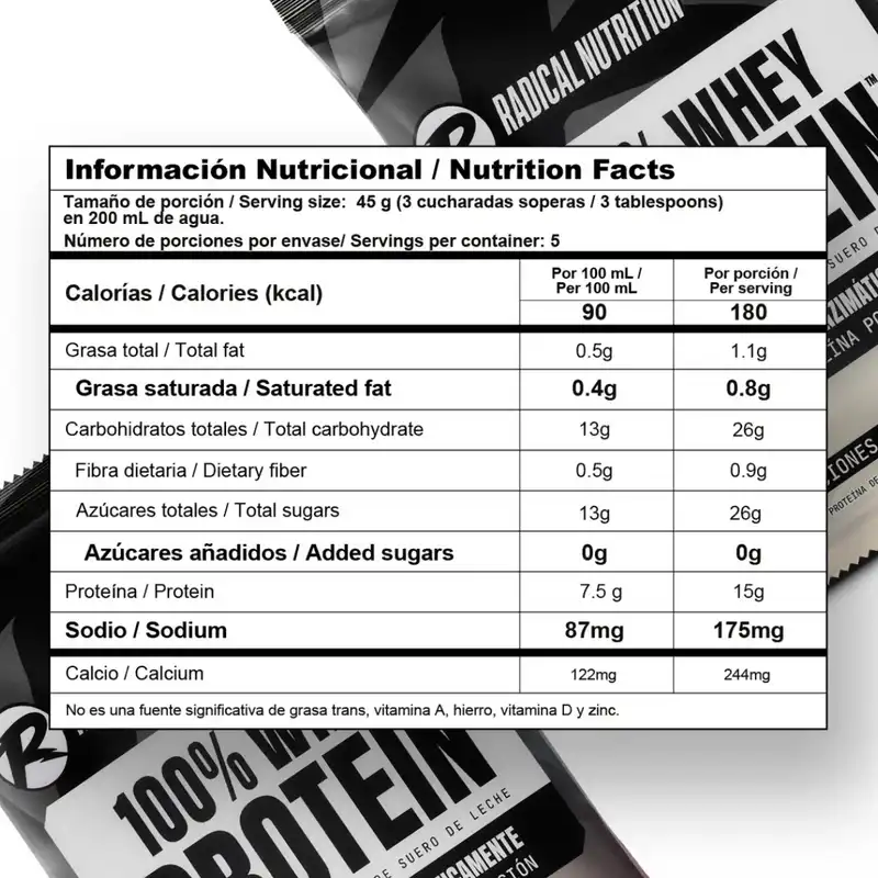 tabla nutricional de 100% WHEY PROTEIN COOKIES AND CREAM 225 G