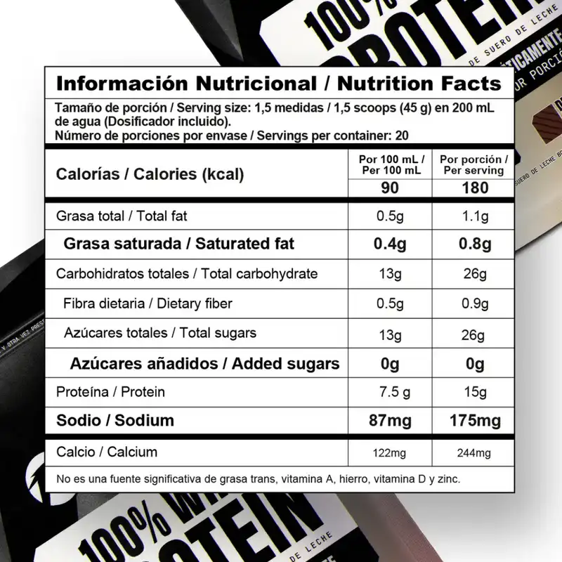 tabla nutricional de 100% WHEY PROTEIN COOKIES AND CREAM 900 G