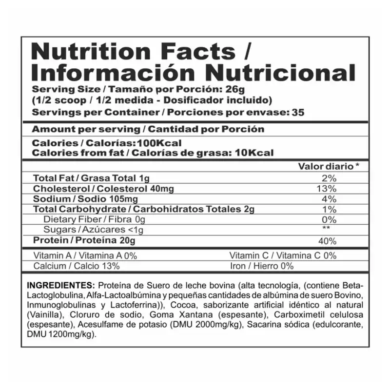 tabla nutricional de BIPRO CLASSIC CHOCOLATE 2lb
