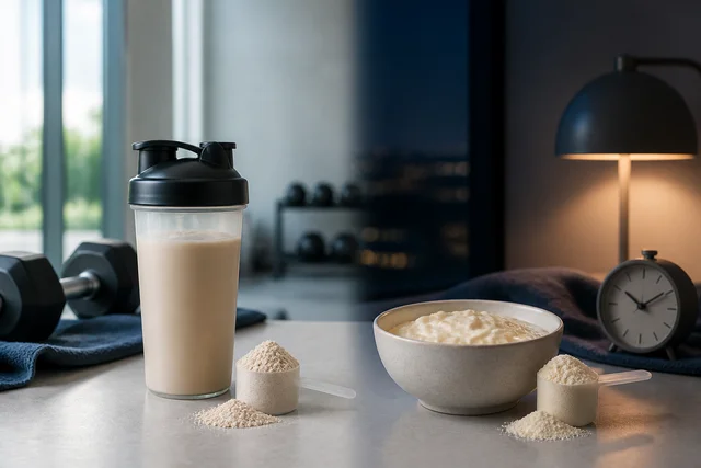 Batido de proteína de suero junto a un recipiente con caseína