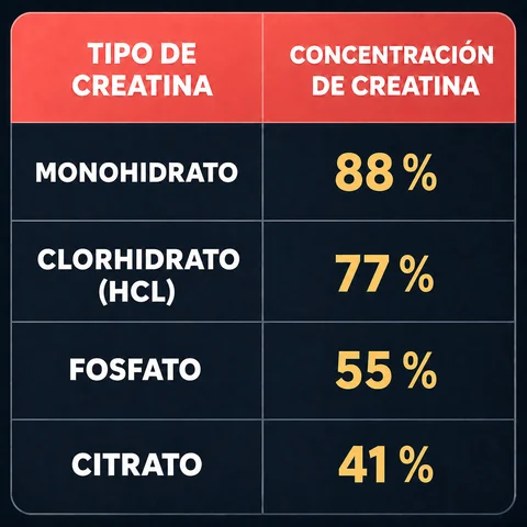 Concentración de creatina en monohidrato, clorhidrato HCl, fosfato y citrato